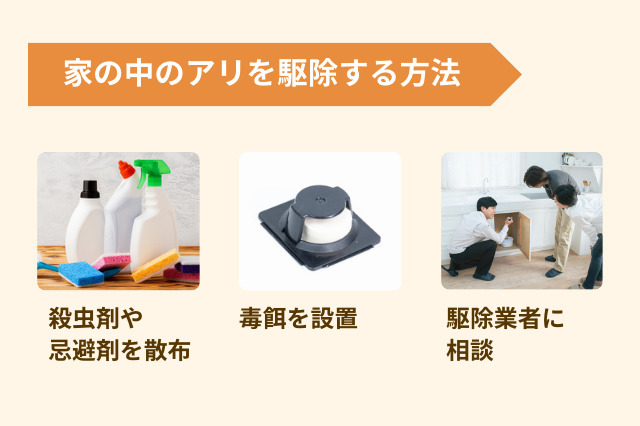 家の中にアリが発生したときの駆除方法としては、市販の駆除剤を散布する、毒餌を設置する、アリ駆除業者に相談するの３点がある