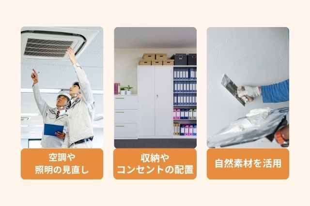 リフォームで重視したい設備や機能　空調や 照明の見直し 自然素材を活用 収納や コンセントの配置