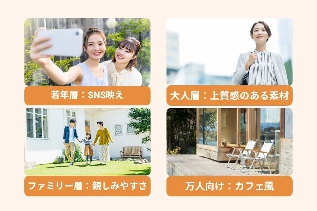 【ターゲット別】最新トレンド外装デザイン4選 若年層:SNS映え 大人層:上質感のある素材 ファミリー層:親しみやすさ 万人向け:カフェ風