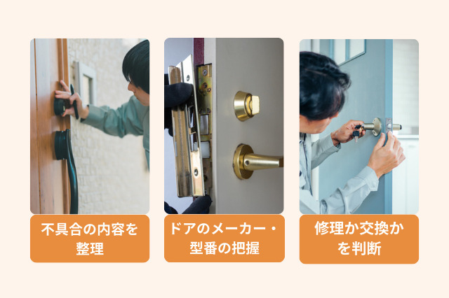 修理を依頼する前に確認したいことは、不具合の内容を整理、ドアのメーカー・型番、修理か交換かを判断である