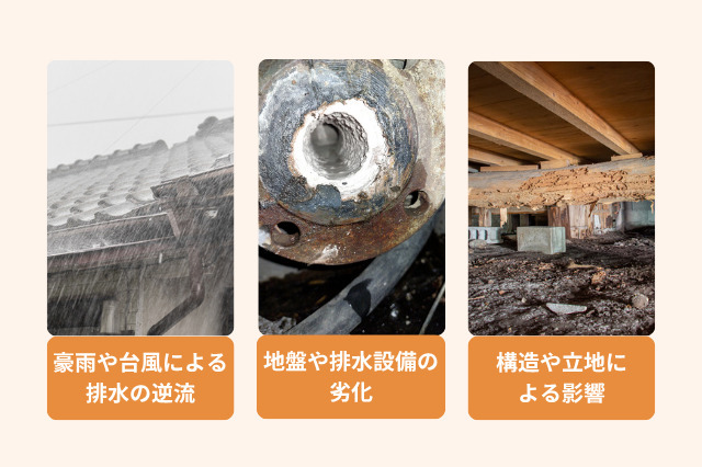 床下浸水のおもな原因は、台風や豪雨による被害、地盤や住宅の構造によるもの、排水設備などの劣化が挙げられる