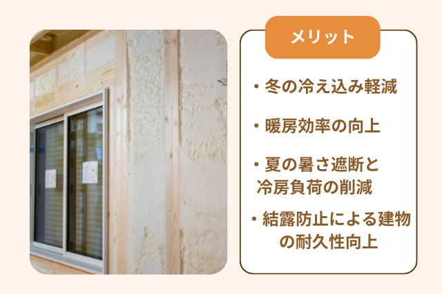 壁断熱の効果としては、冬の冷え込み軽減と暖房効率の向上、夏の暑さ遮断と冷房負荷の削減、結露防止による建物の耐久性向上がある