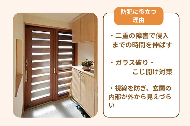 二重扉が防犯に役立つ理由は、二重の障害が侵入までの時間を伸ばす、ガラス破り・こじ開け対策として有効、視線を防いでターゲットになりにくい